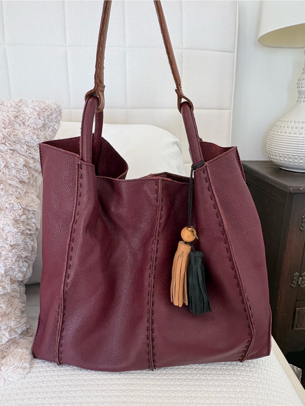The Sak Los Feliz Burgundy Leather Tote Bag with Tassel - Picture 2 of 10